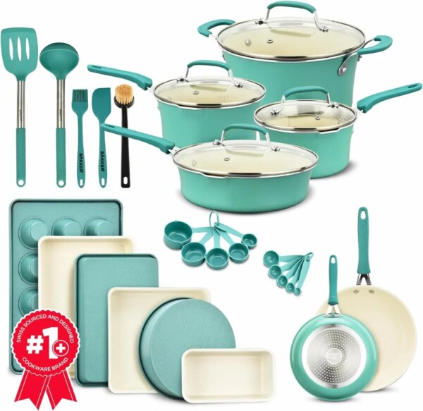 Cookware Set – 23 Piece –Green Multi-Sized Cooking Pots with Lids, Skillet Fry Pans and Bakeware – Reinforced Pressed Aluminum