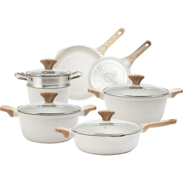 Country Kitchen Nonstick Induction Cookware Sets - 6 Piece Cast Aluminum Pots and Pans with BAKELITE Handles and Glass