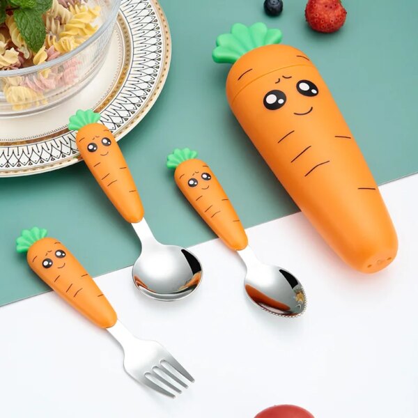 Creative Cartoon Carrot Tableware Set Stainless Steel Children's Fruit Food Supplement Fork Spoon Short Handle Tableware