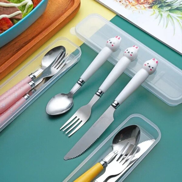 Creative Cartoon Stainless Steel Fork Spoon Chopsticks Three Piece Set Cute Student Spoon Chopsticks Portable Tableware Set For