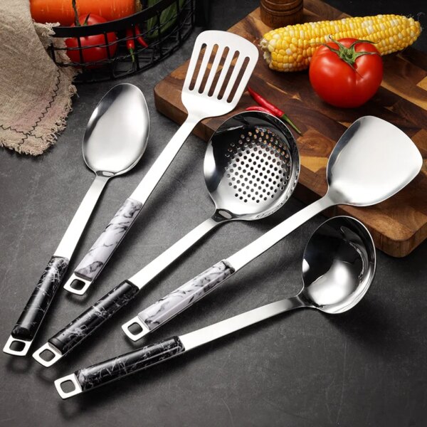 Creative Marble Handle Cookingware Set Stainless Steel Frying Spatula Soup Spoon Colander Food Shovel Home Kitchen Accessories