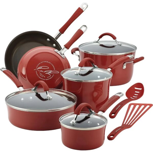 Cucina Nonstick Cookware Pots and Pans Set, 12 Piece, Cranberry Red