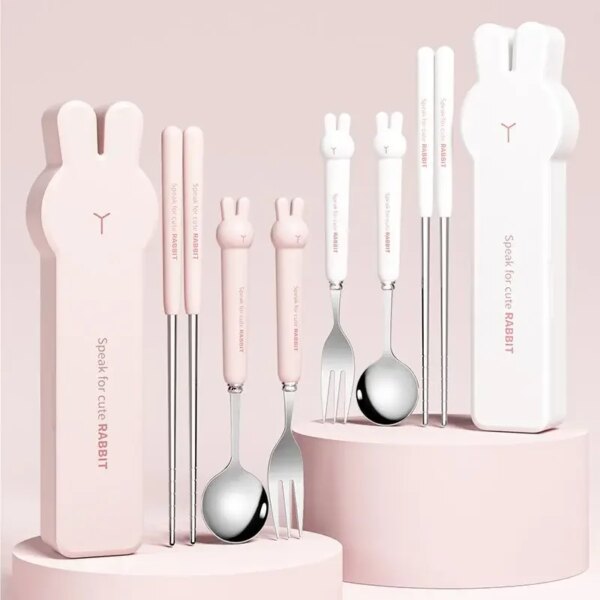 Cute Rabbit 304 Stainless Steel Tableware Spoon Fork Chopsticks Cartoon Student Children Good Gift Cutlery Set