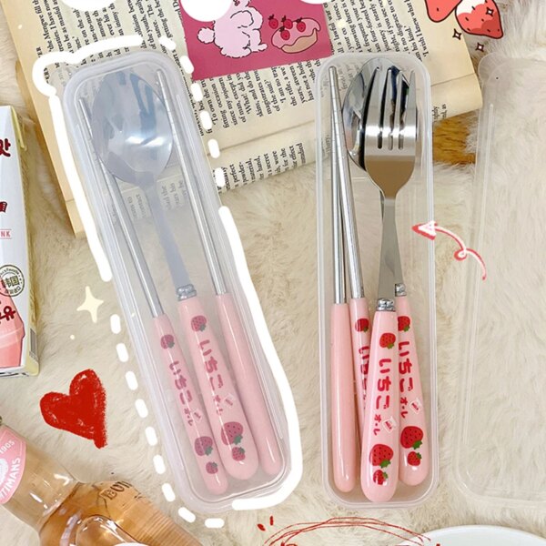 Cute Strawberry Korean Chopsticks Spoon Fork Cutlery Set with Case Portable Travel Stainless Steel Tableware Kitchen Utensils