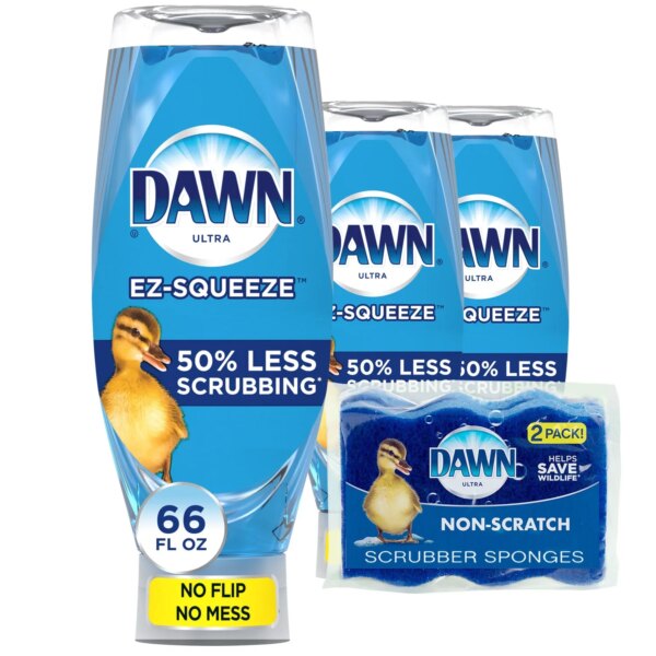 Dawn EZ-Squeeze Ultra Dish Soap Dishwashing Liquid, Original Scent, 22 fl oz, Pack of 3 + 2 Sponges