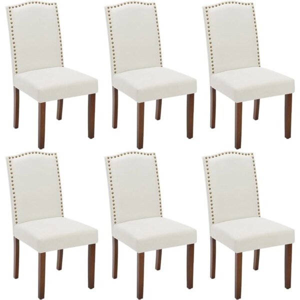 Dining Chairs Set of 6, Fabric Dining Room Chairs, Upholstered Parsons Chairs w/ Nailhead Trim and Wood Legs,Beige