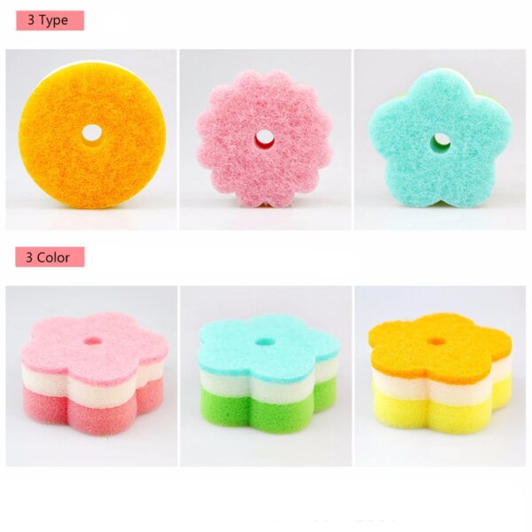 Dishwashing Sponge Scouring Pads Flower Round Shape Color Sponge Brush Tableware Wash Dishes Sponge Kitchen Home Cleaning Tool