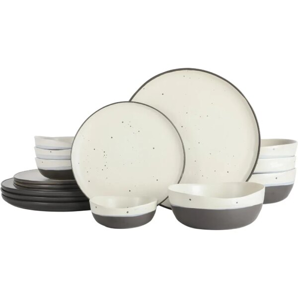 Double Bowl Dinnerware Set, Service for 4 (16pcs), White and Black