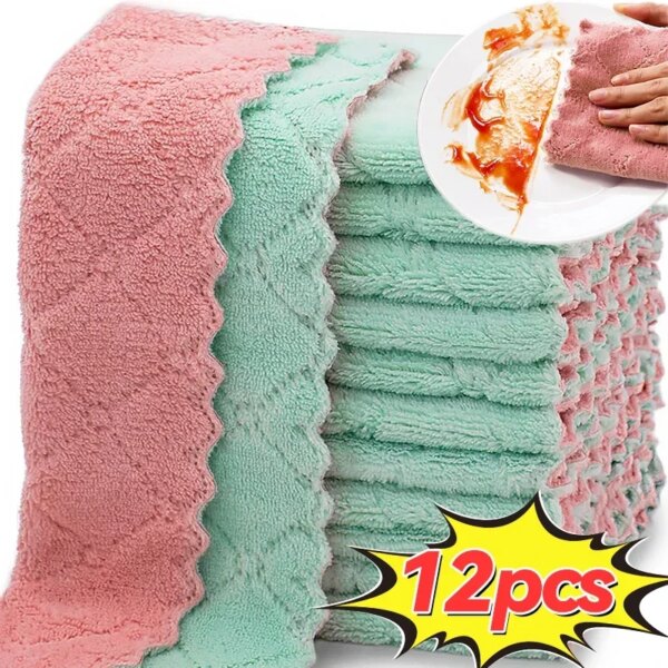 Double-layer Microfiber Towel Super Absorbent Coral Fleece Cleaning Cloths Kitchen Non-stick Oil Dishcloths Scouring Rag New