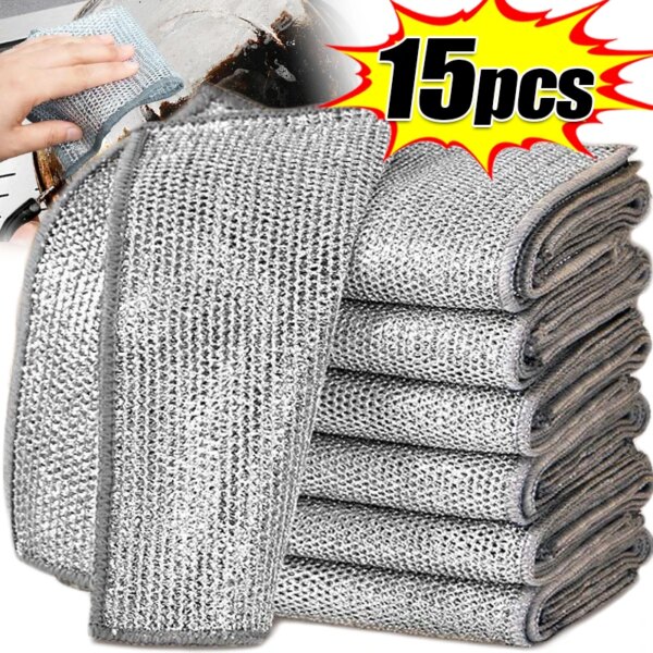 Double-sided Steel Wire Rags Kitchen Dish Pot Washing Cloth Metal Silver Wires Cleaning Cloths Towel Mesh Washrags Clean Tools