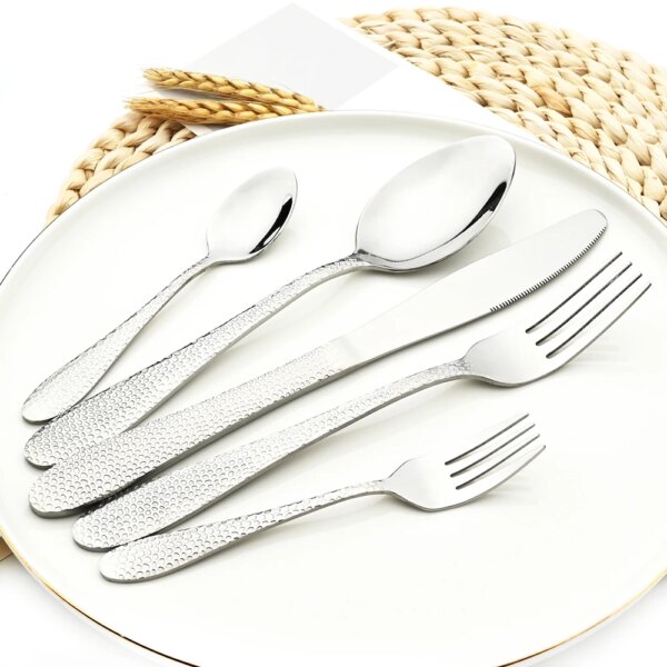 Drmfiy 5Pcs Silver Cutlery Set Dinner Knife Tea Fork Spoon Silverware Stainless Steel Dinnerware Set Party Tableware Set