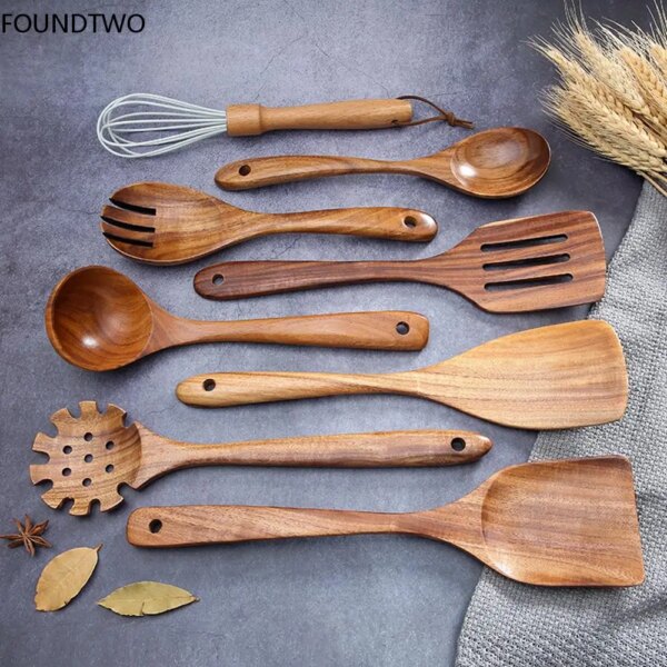 Exquisite Wooden Cooking Utensils Wooden Spoons Non-stick Pans Organic Teak Kitchen Tool Cooking Tool Sets