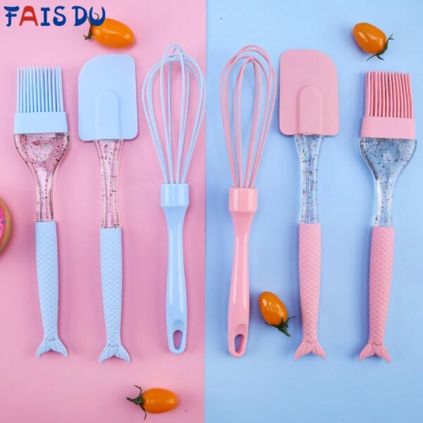 FAIS DU 3Pcs Silicone Baking Tool Sets Fishtail Cooking Utensil BBQ Cake Scraper Brush Egg Beater Heat Resistant Kitchen Tools