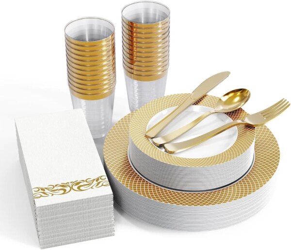 FOCUSLINE 175 Piece Gold Dinnerware Set for 25 Guests- Gold Grid Plastic Plates, Gold Plastic Silverware Cups