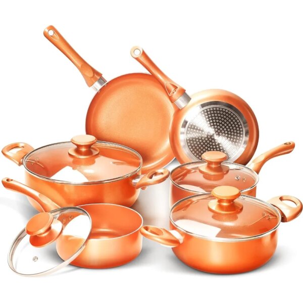 FRUITEAM 10pcs Cookware Set Ceramic Nonstick Soup Pot/Milk Pot/Frying Pans Set | Copper Aluminum Pan with Lid, Induction Gas