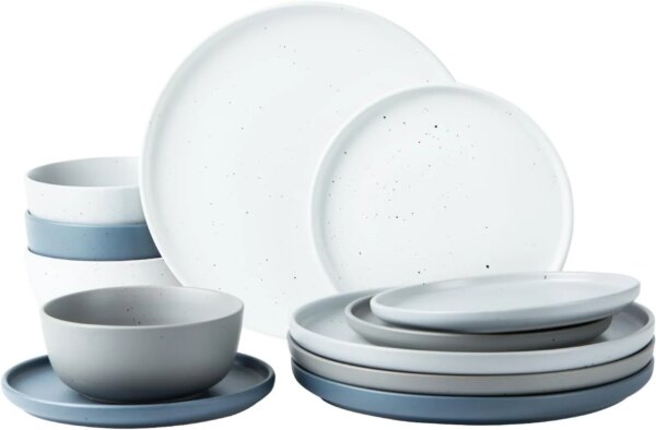 Famiware 12 Piece Plates and Bowls Set, Dawn Speckled Dinnerware Sets for 4, Matte Dish Set, Microwave and Dishwasher Safe