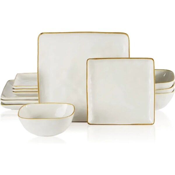 Famiware Dinnerware Sets for 4 Ocean Square 12-Piece Kitchen Plates and Bowls Sets Microwave and Dishwasher Safe