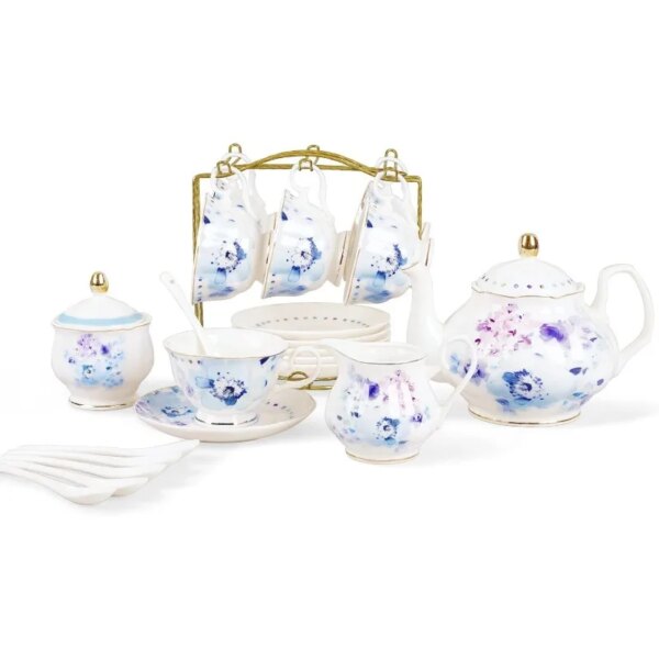 Floral Porcelain Tea Set, Elegant Blue Coffee Set, Modern Tea Service for 6, Tea Party Set for Birthday, Wedding