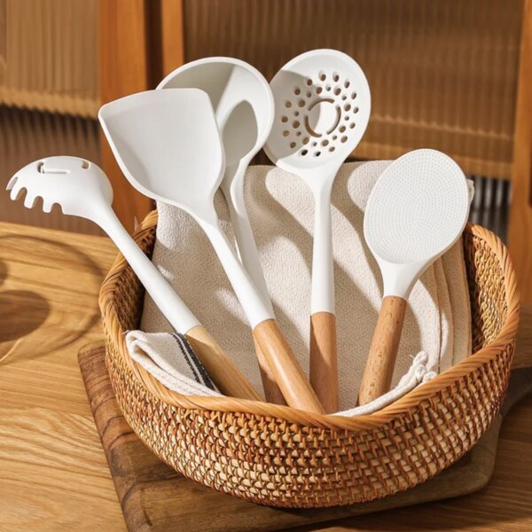 Food grade silicone cookware set white wooden handle silicone cookware high temperature resistant spatula soup spoon home cookin