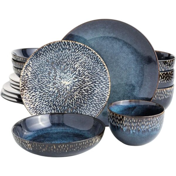 Gibson Elite Matisse 16 Piece Double Bowl Dinnerware Set, Cobalt Blue