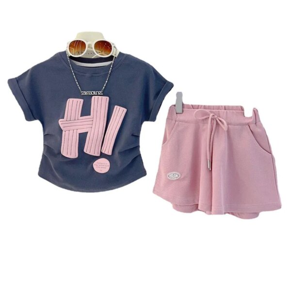 Girls Clothes Sets 2024 Summer Children Short-sleeved Suit Teenage Girls Letter T-shirt Shorts Tracksuit Outfit Clothing Set