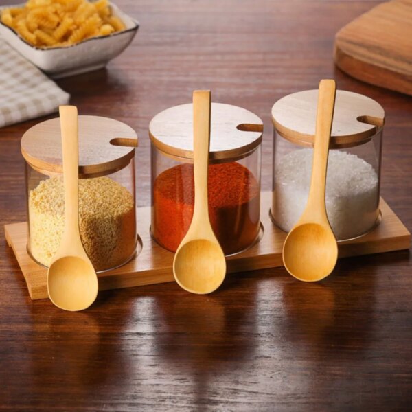 Glass Seasoning Storage Jars with Bamboo Lid And Spoon Kitchen Spice Box Seasoning Container Sugar Salt Pepper Jar