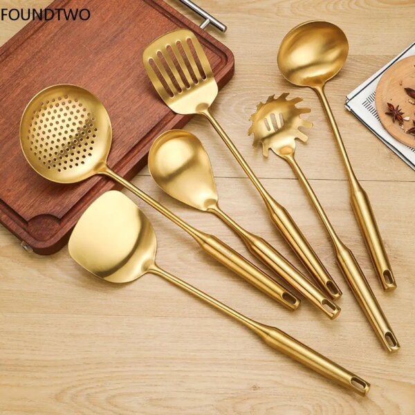 Gold Stainless Steel Spatula Large Soup Ladle Kitchen Utensils Cooking Trowel Set Kitchen Tool Set Kitchenware