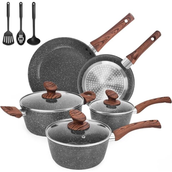 Granite Pots and Pans Set Ultra Nonstick, 11 Piece Die-Cast Cookware Sets with Frying Pan, Sauce Pan, Stockpot, Stay