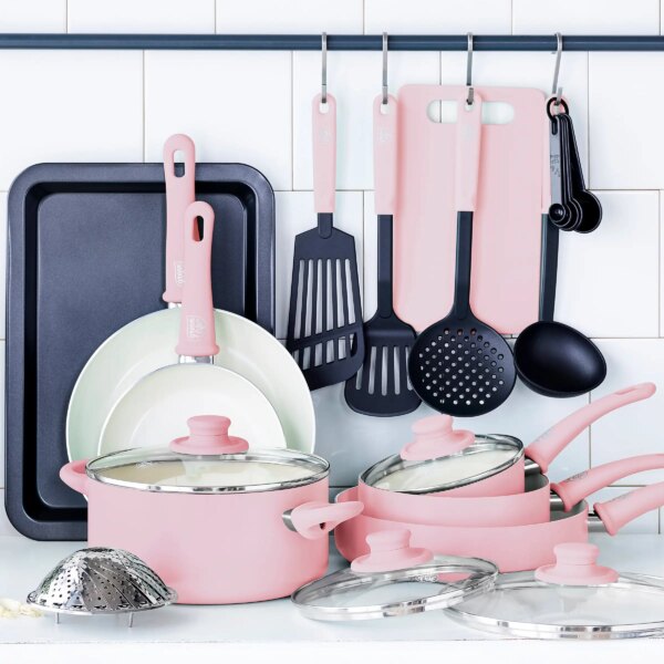 GreenLife 18-Piece Soft Grip Toxin-Free Healthy Ceramic Non-Stick Cookware Set, Pink, Dishwasher Safe