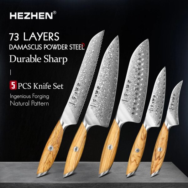 HEZHEN 1PC Or 5PC Knife Set 73 Layer Damascus Steel Powder Steel Core Olive Wood Handle Gift Box Sharp Kitchen Knives