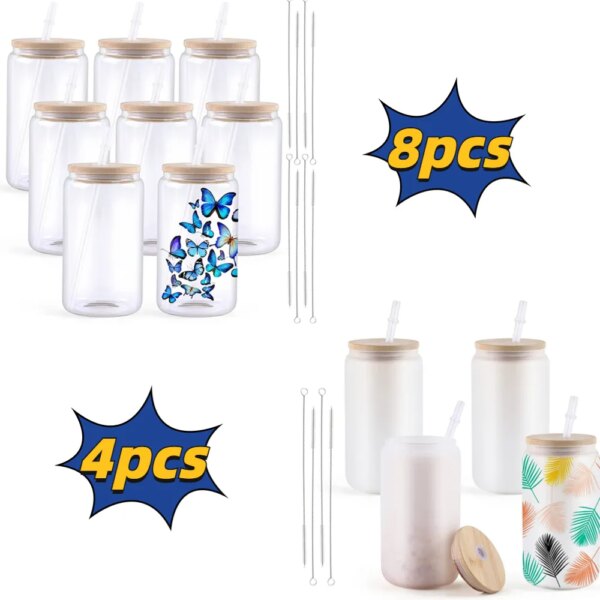 HTVRONT 4/8 Pack 16OZ Clear/Frosted Glass Sublimation Tumblers with Bamboo Lid Sublimate Tumbler Blanks DIY for Iced Coffee Cups