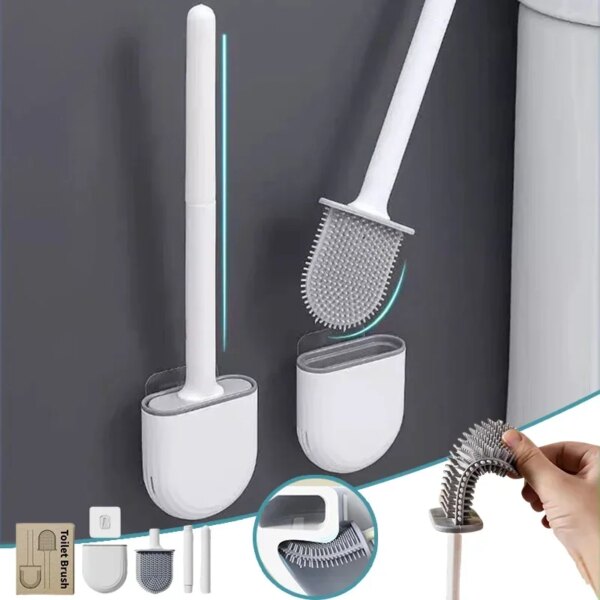 Hanging Toilet Brush Flexible Silicone Flat Head Toilet Cleaner Long Handle Flexible Purifying Bathroom Toilet Cleaning Brush