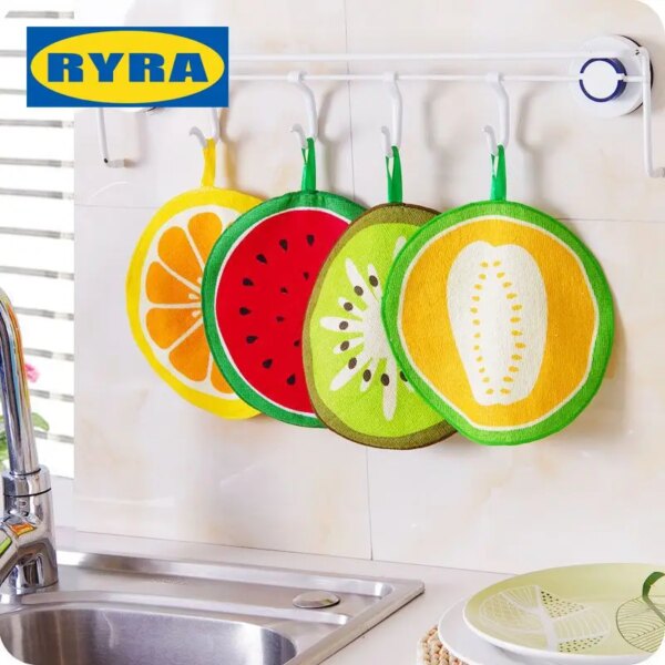 Hanging Towel Quick-Dry Cute Fruit Print Dish Cloth Microfiber Absorbing Wiping Napkin Cloth Kitchen Household Cleaning Tools