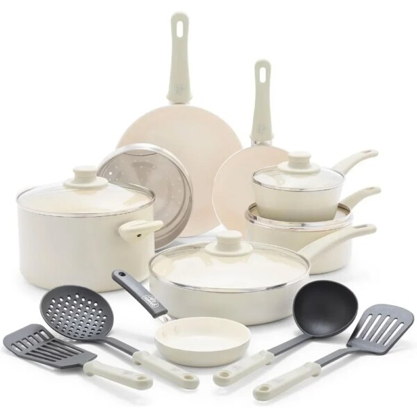 Healthy Ceramic Nonstick 16 Piece Kitchen Cookware Set Pots and Frying Sauce Saute Pans Set, PFAS-Free , Cream