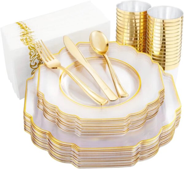 Hioasis 140pcs Clear Gold Plastic Plates - Gold Disposable Plates Served for 20 Guests include 20 Dinner Plates,20 Dessert Plate