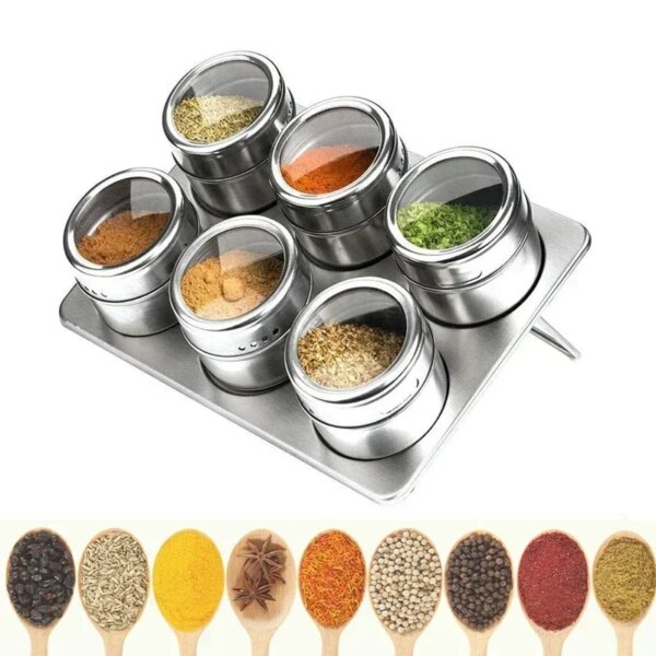 Household magnetic rotating stainless steel seasoning jar set, visible barbecue seasoning box