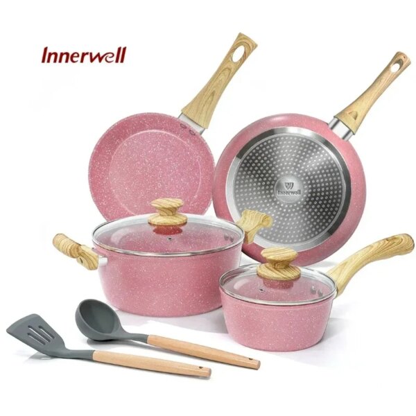 Innerwell 8Pcs Kitchen Stockpot Saucepan Pan Sets with Glass Lid Nonstick Toxin Free Pots Stone Cookware Compatible All Stoves