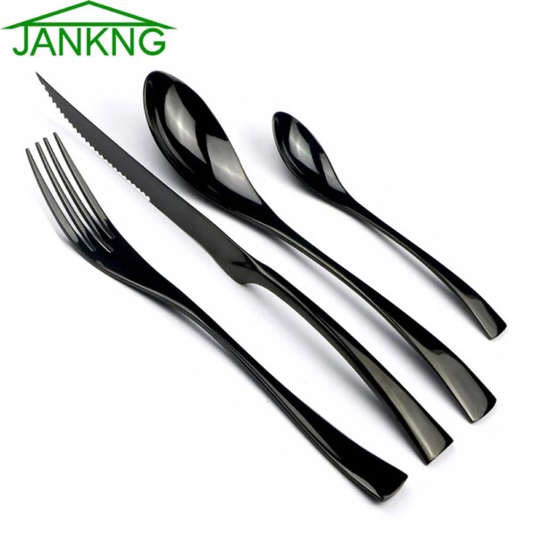 JANKNG 4-Pcs 18/10 Stainless Steel Flatware Set Black Dinnerware Steak Knife Fork Spoon Teaspoon Cutlery Food Tableware Dropship