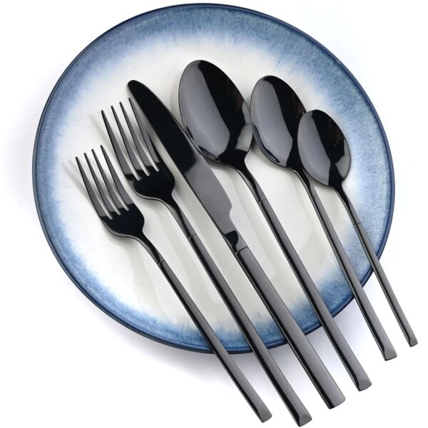 JANKNG Mirror Black Cutlery Set Stainless Steel Dinnerware Set Luxury Fork Knife Flatware Set Dinner Silverware Tableware for 1