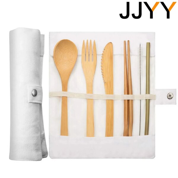 JJYY Bamboo Travel Cutlery Set Bamboo Fork Knife Spoon Chopsticks Straw Portable Carrying Bag with Carabiner Wooden Utensil Set