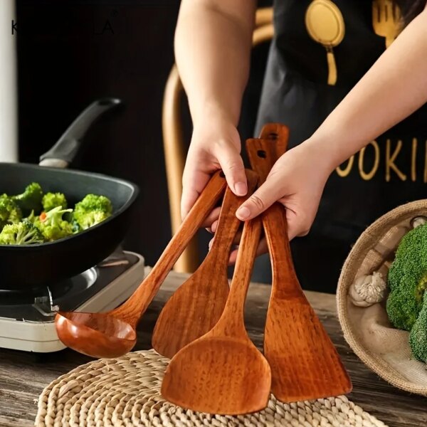 KEMORELA 4PCS Kitchen Utensil Set Kitchen Cooking Tools Wood Shovel Scoop Nonstick Cooking Food Shovel Spatula Spoon Food Shovel