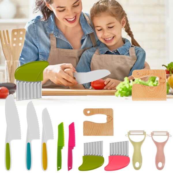 Kid Cooking Cutter Set Safe Reusable Plastic Toddler Kitchen Cutter Set with Wooden Serrated Potato Cutter Peeler for Vegetable