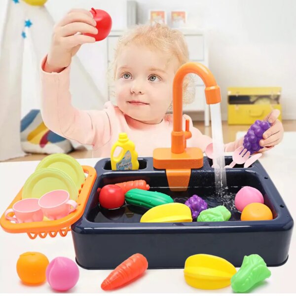 Kid Kitchen Sink Set Simulation Electric Dishwasher with Running Water Playing Toy Pretend Role Play Montessori Game for Girl