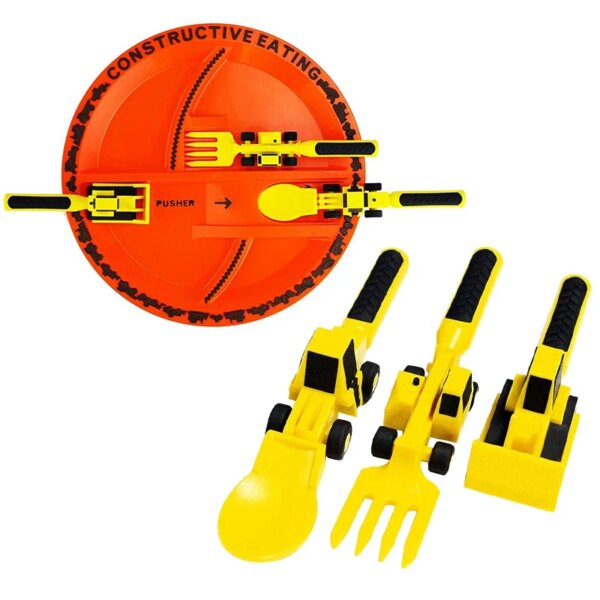 Kids Car Bulldozer Excavator Tableware Sets Children's Toy Dinner Plate Knife Fork Spoon Shovel Dinnerware Kits Scooper Cutlery