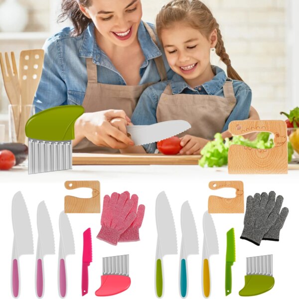 Kids Cooking Cutter Set Safe Reusable Plastic Toddler Children Fruit Knife Safe Toddler Toy to Cut Fruits Crinkle Kitchen Knives