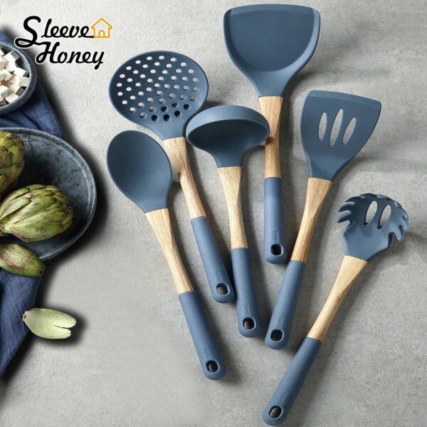 Kitchen Cooking Utensils Set Silicone Wooden Handle Spatula Flex Turner Spoon Ladle Pasta Fork Non-stick Cookware Klein Blue