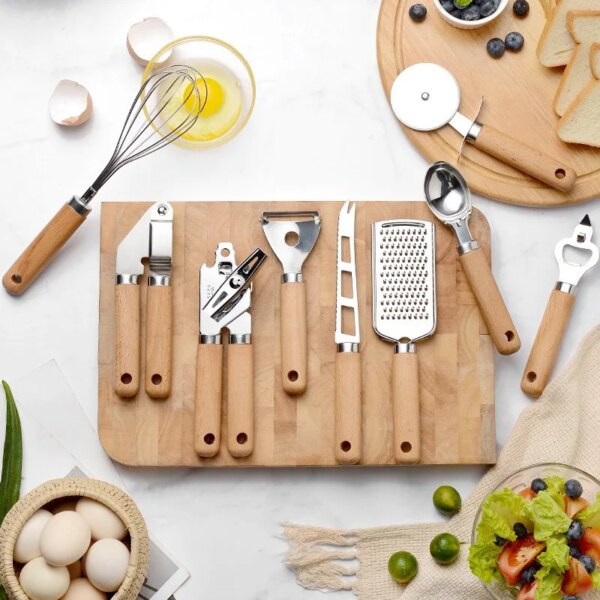 Kitchen Cookware Wooden Handle Small Kitchenware Stainless Steel Opener Baking Pizza Skin-Peeler Cheese Knife Kitchenware Set