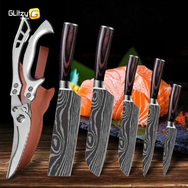 Kitchen Knife Damascus Laser Japanese Chef Knives Scissors Set 7CR17 440C Stainless Steel Meat Cleaver Slicer Santoku Cookings