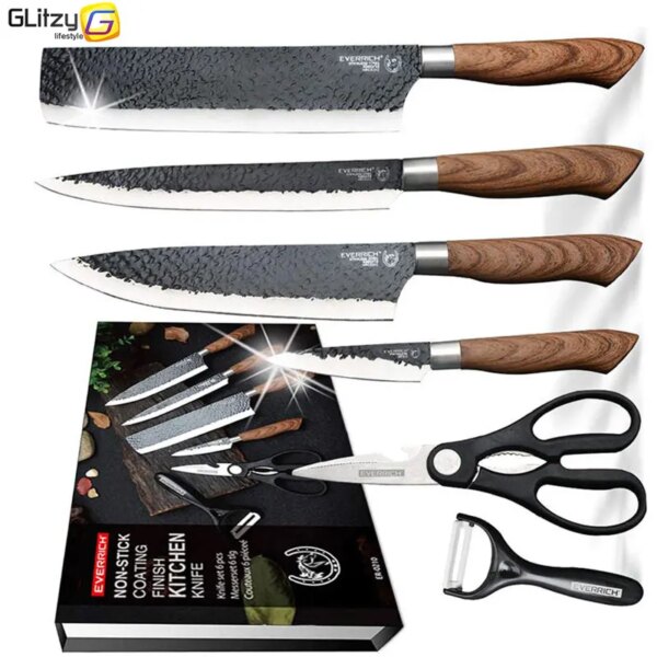 Kitchen Knife Set of 6pc Stainless Steel Forged Meat Cleaver with Scissor Ceramic Peeler Chef Carving Slicer Cooking Paring Tool