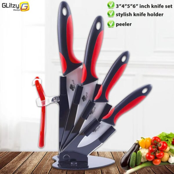 Kitchen Knives Ceramic Knife Set 3 4 5 6 inch Chef Knife Stand Holder Utility with Peeler Fruit Vegetable White Blade Anti-slip